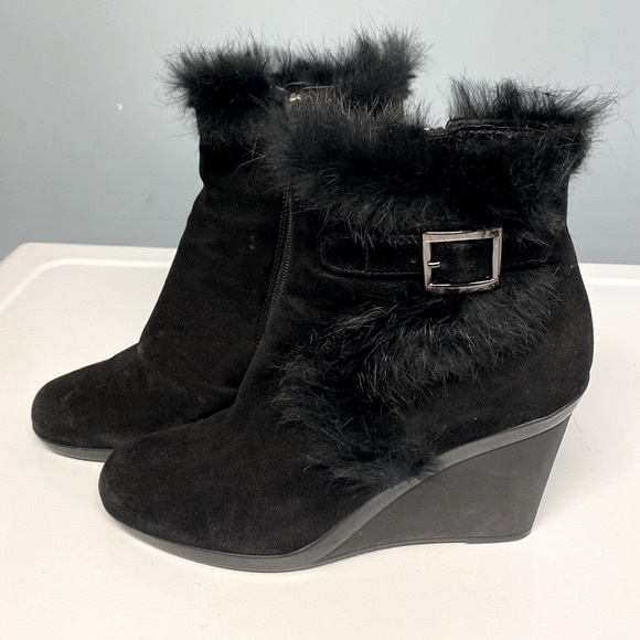 CHARLIZE RABBIT FUR-TRIM & SHEARLING-LINED SUEDE ANKLE BOOTS - Picture 1 of 7